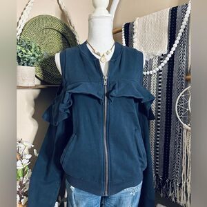 ASOS Cold Shoulder Cut Out Ruffle Trim Zip Up Navy Blue Sweatshirt w/ Pockets
